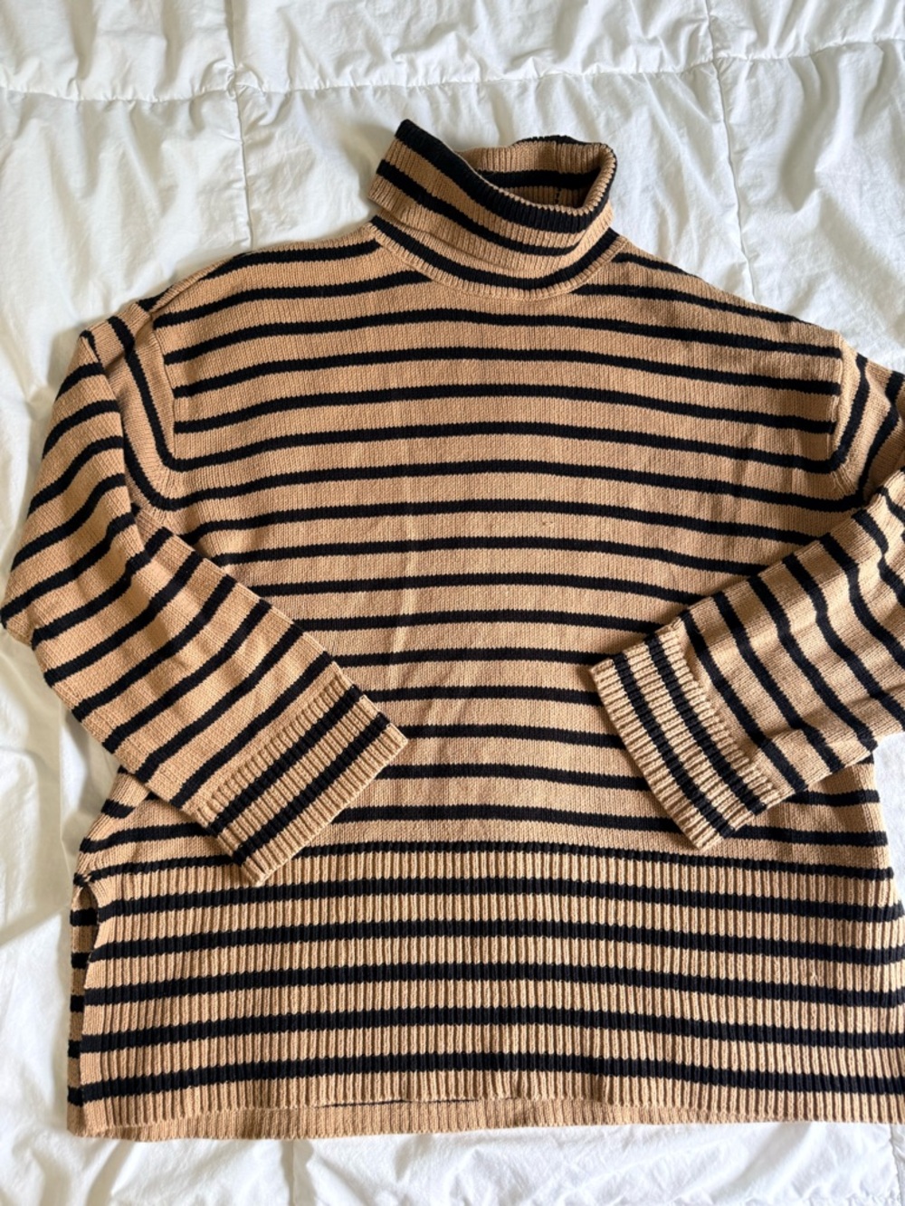 LOFT Beige and Black Striped Turtleneck Sweater